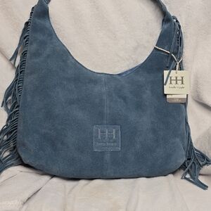 Haute Hippie Blue Fringe Suede Hobo Bag